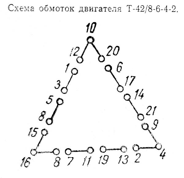 Схема обмоток двигуна Т-42/8-6-4-2 токарного верстата ТП-40